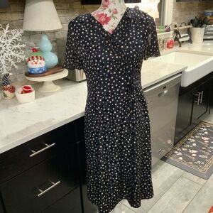 Talbot's Petites 6P Vintage Silk Polka Dot Midi Dress Black Tan Flutter Sleeve